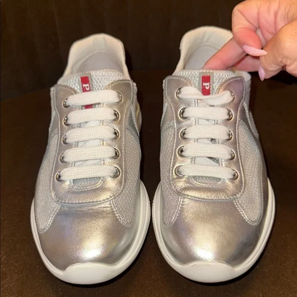 Prada Metallic Silver and White Sneakers - Picture 1 of 6